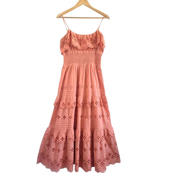 Lovers + Friends Dresses & Skirts - Lovers and Friends Tiered Midi Maxi Dress XS Eyelet Lace Coral Pink Cottagecore